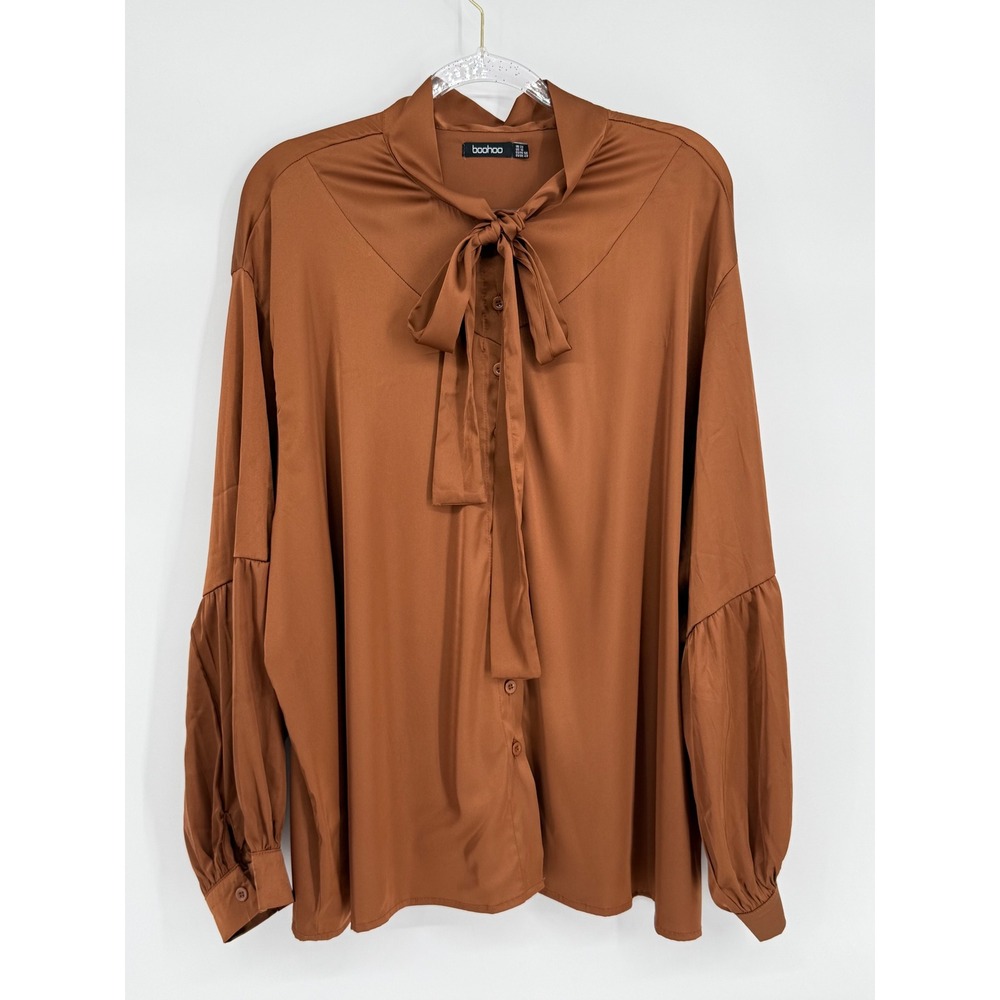 Boohoo Women Rust Tie Neck Lantern Sleeve Button Down Satin Blouse Plus Sz 18